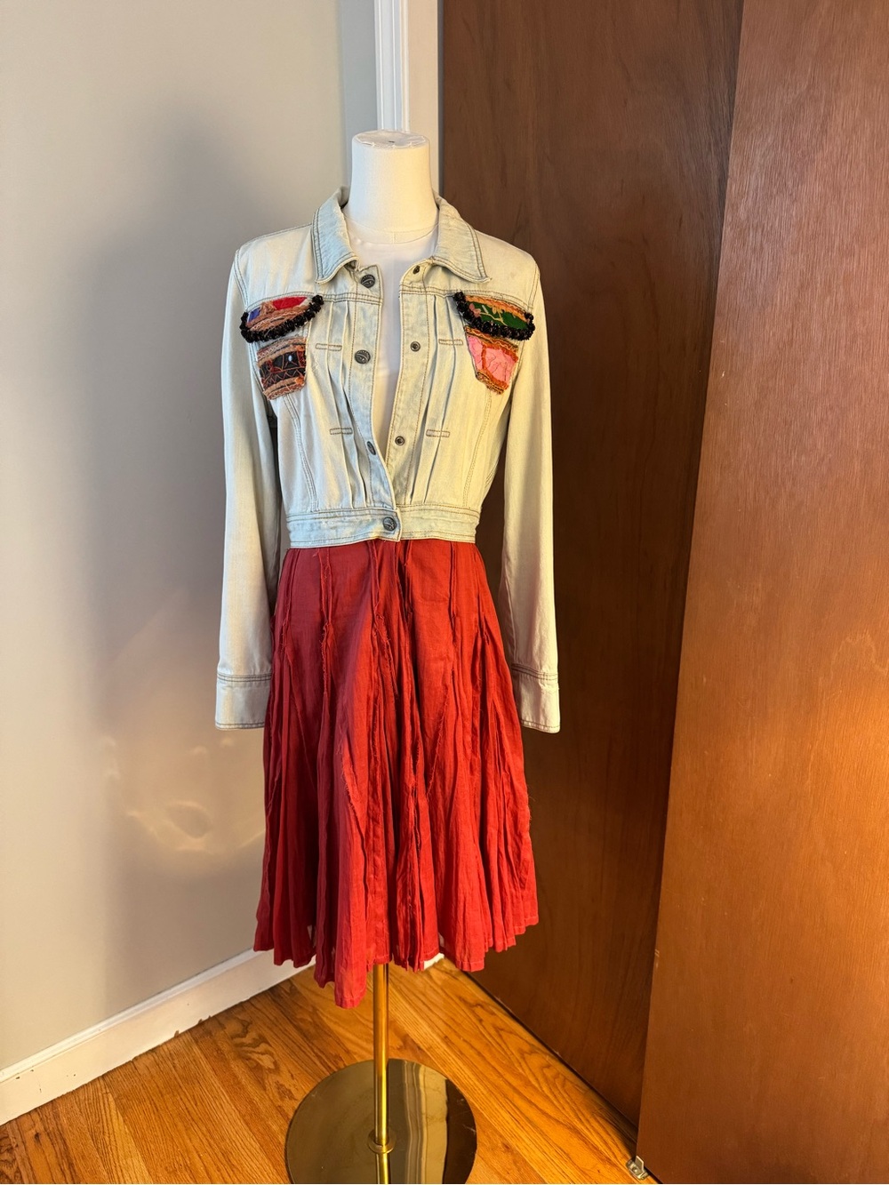 Repurposed Light Wash Embroidered Cropped Denim Jacket with red fabric